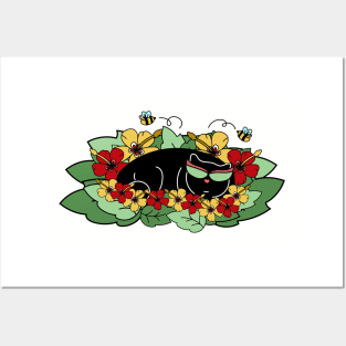 Spring Cat in Leaves and Flowers with Bees Posters and Art